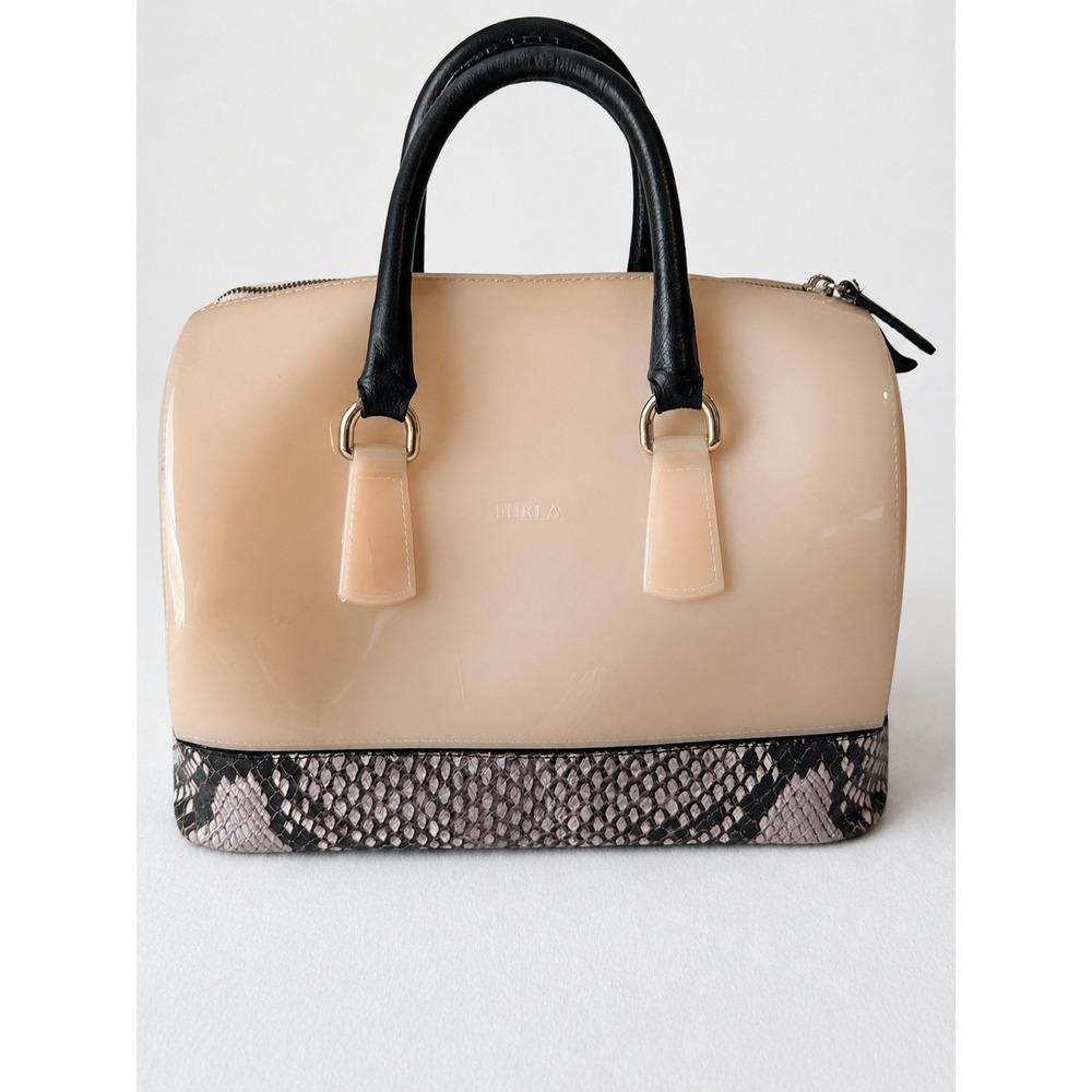 Furla Candy Satchel Handbag Blush Pink Black Snakeskin Trim Top Handle